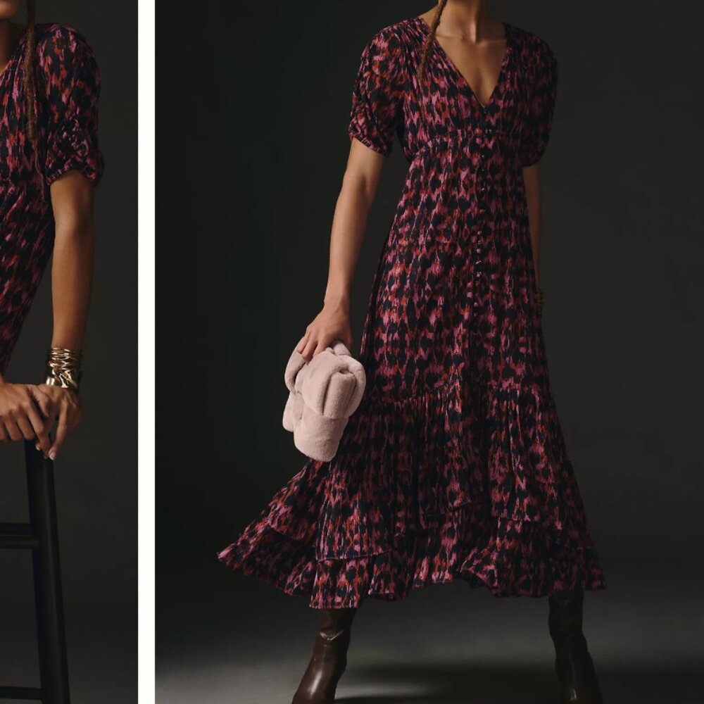 BY ANTHROPLOGIE L Boho Chic Printed Ruched-Sleeve Button Front Tiered Midi Dress